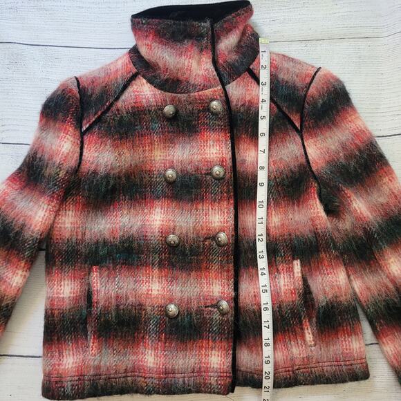 Free People Size EST S Red Wool Jacket Plaid Military Black Velvet Trim - Picture 10 of 15